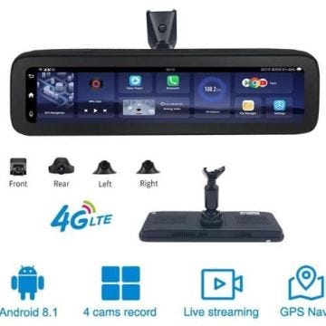 Camera De Voiture 4G Miroir Android 9.0: Enregistrement Panoramique 360° Avec WiFi 12 Pouces, Support Spécial Rétroviseur Recul.