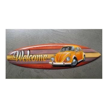 Planche de surf en bois avec coccinelle orange Volkswagen - Décoration murale 60x17 cm