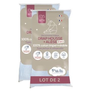 P'tit Lit - Lot de 2 - Protège Matelas Bébé 2 en 1 | Alèse + Drap Housse 70x140 cm | 100% Coton - Imperméable - Oeko Tex® - Gris
