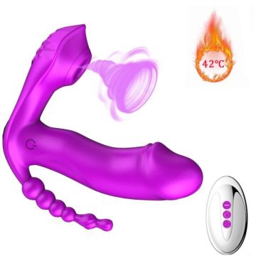 Vibromasseur - Violet - 3 en 1 - Gode chauffant - Stimulateur Anal - Succion buccale