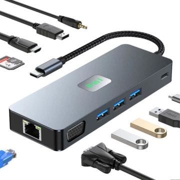Adaptateur USB-C vers HDMI 4K-60Hz, DP, VGA avec Port USB 3.2, PD 100W, Ethernet, Lecteur de Carte SD-TF, Hub 11 en 1 pour MacBook