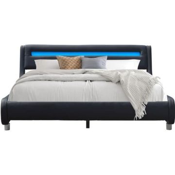 Lit pour matelas 140x190 - Sommier lattes - Couleur NOIR - Tte de Lit Incurve - Pieds en 5 cm