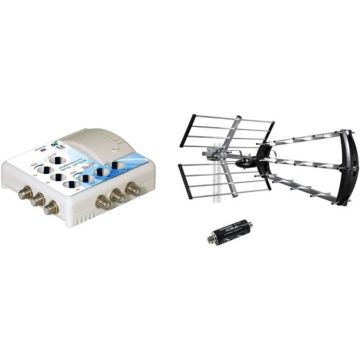 Amplificateur TV TNT Intérieur 6 Sorties Filtre 4G Blanc & 415044 Antenne d'extérieure Trinappe 26dB UHF Fiche F + Filtre 4G.[Q59]