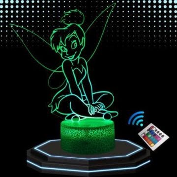 Lampe de Chevet 3D LED Fée Clochette, Veilleuse Changement de Couleurs, Lampe Tactile Bureau et Chambre Enfant, Idée Cadeau Deco