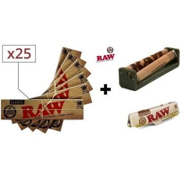 Lot de 25 carnets de 32 feuilles RAW SLIM, papier non blanchi , plus une rouleuse RAW 110 mm & un étui métal RAW