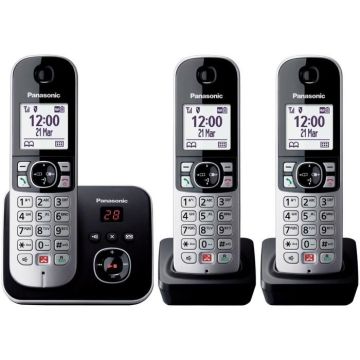 Téléphone Fixe sans Fil Trio Panasonic KX-TG6863 Noir/Argent, Écran LCD, Répondeur, Mains Libres, Blocage d'Appels Indésirables