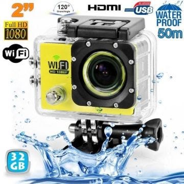Camera Embarquée Sports Wi-Fi LCD Caisson Étanche Waterproof 12 Mp HD Jaune 32Go Plastique YONIS