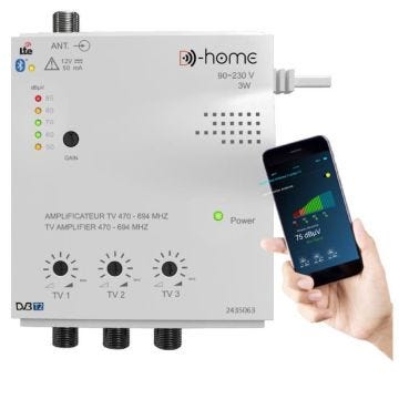 D-Home - Amplificateur TV TNT Intérieur 3 Sorties 28dB Connecté Filtré 4G-5G - Fonctionne avec App Mobile TV Finder