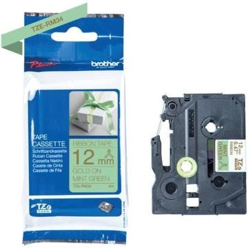 Ruban Brother - TZERM34 - 12mm or sur vert menthe - tissu non adhésif - 4M