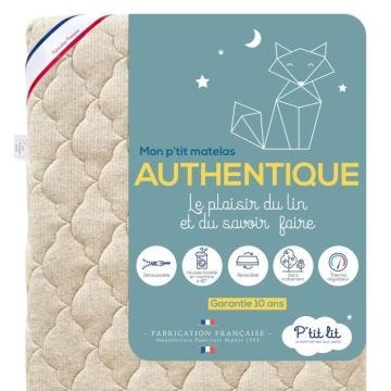 Matelas Enfant/Bébé Authentique 70x140cm - Lin d'origine végétale - Déhoussable - Sans traitement chimique Blanc