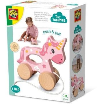 Licorne en bois 2 en 1 - A pousser et à tirer - SES CREATIVE - Licorne rose à pousser ou à tirer.