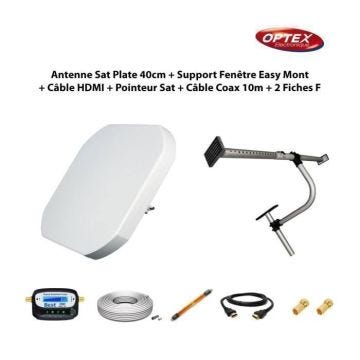Antenne Sat Plate 40cm - OPTEX - Changeur de fréquence - Réception HD - Support Fenêtre Easy Mont