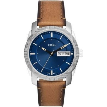 Bracelet cuir / tissu homme - FOSSIL - Montre Fossil Machine cuir marron cadran bleu - Couleur de la matière:Blanc