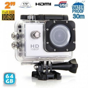 Caméra sport étanche 30m 2'' HD 1080p grand angle 170° Argent 64 Go