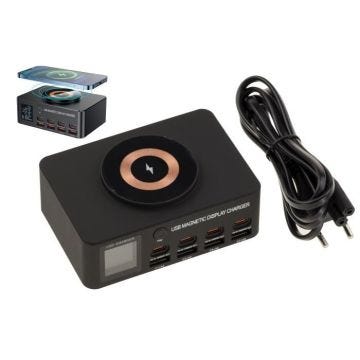 Station de charge 140W intelligente 8 ports PD 100W,  QC 3.0 30W et induction 15W. Support de charges rapides en 5V 9V 12V 15V 20V