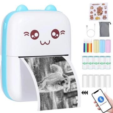 2windeal® Mini Pocket Imprimante thermique Bluetooth Imprimante instantanée avec 5Stylo + 13 Rouleaux de Papier Photo Étiquette BLUE