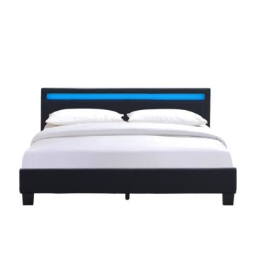 LJ - angel - Solide et Confortable Lit 180x200 avec Sommier Tte de Lit avec Eclairage LED Couleur NOIR Pieds en 10 cm