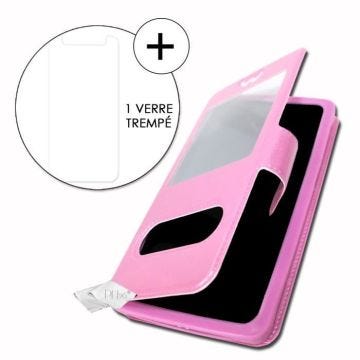 Super Pack Housse pour Blu XI+ Extra Slim 2 Fenêtres éco cuir + 2 Verres de protection Haute Transparence ROSE FUSHIA