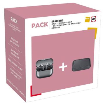 Pack Ecouteurs intra auriculaires sans fil Samsung Galaxy Buds 3 avec réduction de bruit Argent + Chargeur sans fil rapide 15