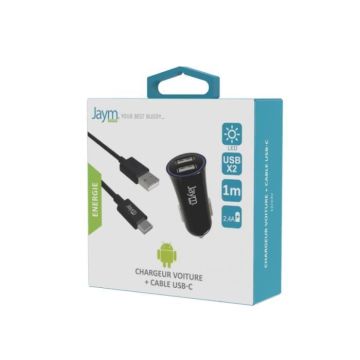 COMBO CABLE TYPE-C 1M + CHARGEUR VOITURE 2 USB 12W NOIRS - JAYM®