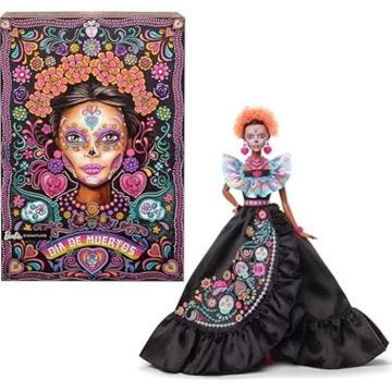 Barbie Día de Muertos 2024 Poupée signature Barbie à collectionner en robe noire avec haut bleu à volants, imprimé brodé et