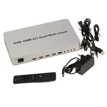 KVM Switch Multiviewer alimenté et automatique - Partage Souris Clavier Ecran pour 4 PC - HDMI 1.4 - Multi Affichage PIP
