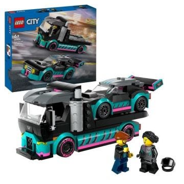 LEGO® 60406 City La Voiture de Course et le Camion de Transport de Voitures, Jouet avec Véhicule, Minifigurines de Pilote