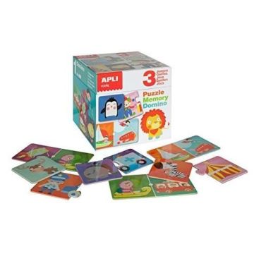 APLI Boîte de 3 jeux Mémory - Domino - Puzzle