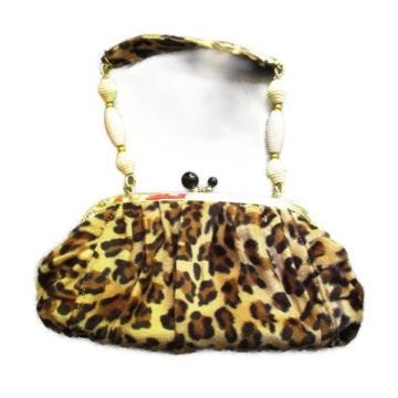 sac a main rockabilly leopard beige poignée perle blanche style pin up rétro