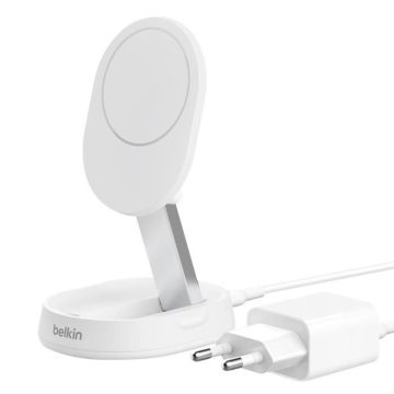 BoostCharge Pro Chargeur induction Qi2 15W Support Charge rétractable Belkin Blanc