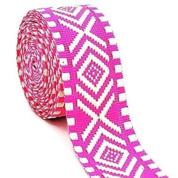 AnseTendance sangle coton 38mm rouleau de 10 mètres bicolore ethnique motif losange géométrique pour sacs couture fuchsia et blanc