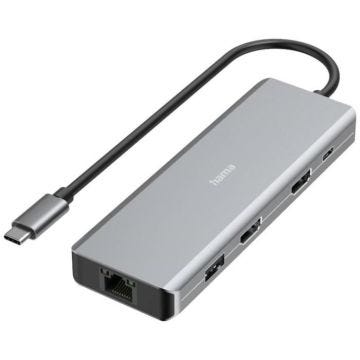 Hub USB 3.0 Hama 9 ports avec port de charge rapide, avec fiche mâle USB-C, compatible avec lultra HD gris