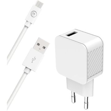Chargeur maison 2.4A IC Smart + Câble USB A/micro USB Blanc - 100% Plastique recyclé Bigben