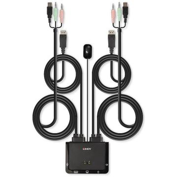 LINDY Commutateur KVM DisplayPort 2 Ports 1.2 USB 2.0 & Audio Câbles Intégrés