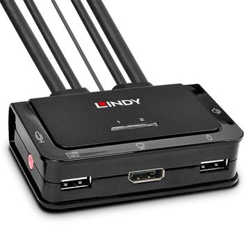LINDY Commutateur KVM DisplayPort 2 Ports 1.2 USB 2.0 & Audio Câbles Intégrés