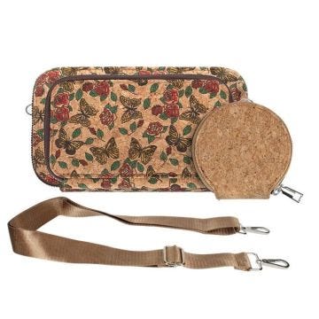 Pochette en Liège Bandoulière Triple Poche Zip Motif Papillon Multicolore