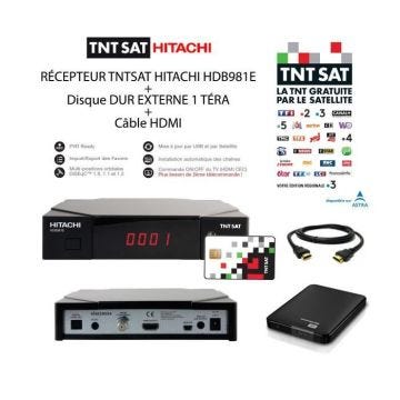 RECEPTEUR TNTSAT HITACHI HDB981E + DISQUE DUR EXTERNE 1 TERA + CABLE HDMI – Carte TNTSAT incluse, Mise à jour par USB et Satellite