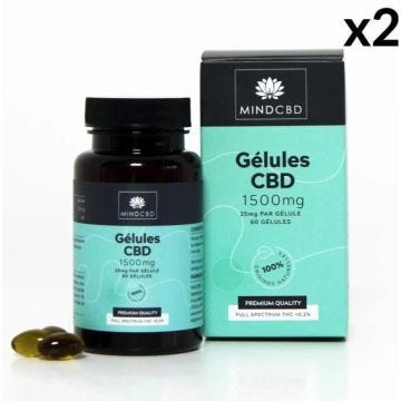 Lot 2 x 60 Gélules CBD Premium MIND CBD - Full Spectrum 1500mg (25mg/gélule) / 100% naturel.