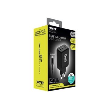 Chargeur Mural - Port Designs - 65W - USB-C Power Delivery - USB-A Quick Charge - Noir