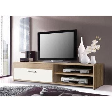Meuble TV PILVI - Style contemporain - Particules mélaminé - Décor Chêne et blanc - 1 Abattant + 2 niches - L 120 x P 42 x H 32 cm