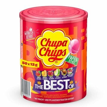 CHUPA CHUPS Tubo de 50 sucettes Best Of - Parfums pomme, fraise, cola et lait fraise