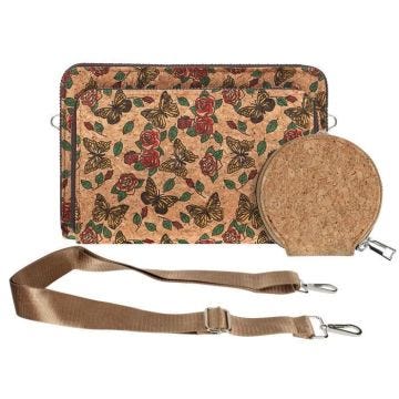 Pochette Liège Bandoulière Triple Poche Zip Bord carré Motif Papillon Multicolore