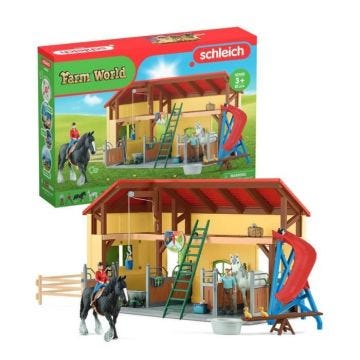 Écurie avec boxes et animaux, coffret de 82 pièces avec chevaux, petits animaux de la ferme, outils et figurines de fermier, jouets