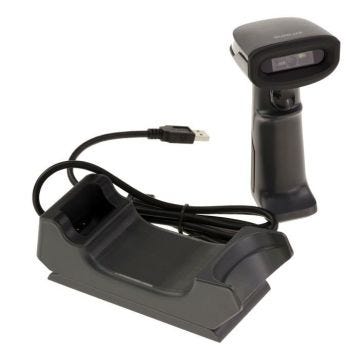 Lecteur de code-barres 1D type EAN et de codes 2D type QR Code. Sans fil, portée 100m, batterie rechargeable