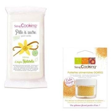 Pâte à sucre blanche 250 g arôme vanille + paillettes dorées