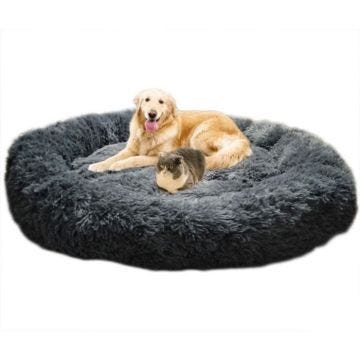 Lit moelleux rond pour Chat et Chien Extra large Lavable avec coussin，Deluxe Panier pour Animal Domestique-100x100cm-gris