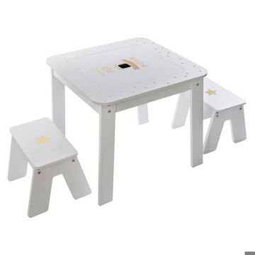 Table bac enfant + 2 tabourets - Blanc et doré - ATMOSPHERA - L 57 x P 57 x H 51 cm - Enfant - Bois MDF