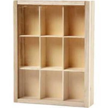 Petite vitrine avec 9 compartiments (3,5x5 cm) et couvercle coulissant en plexiglas. réf 57454