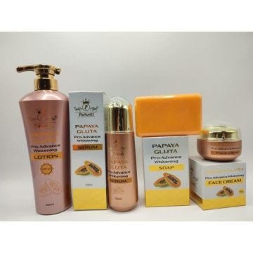 Gamme complète gluta Papaya , lait 500ml, sérum 120ml, savon 200g et crème visage anti taches 50g