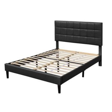 Lit simple en placage MDF noir - - Riley - Sommier lattes - Tte de lit capitonne - 140x200 cm